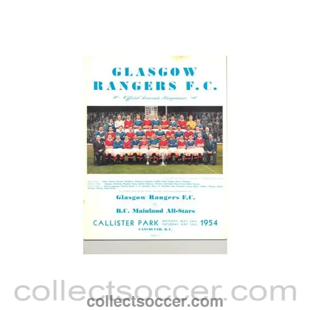 1954 - In Vancouver - B.C. Mainland All - Stars v Glasgow Rangers official programme 24/05/1954 - Collect Soccer