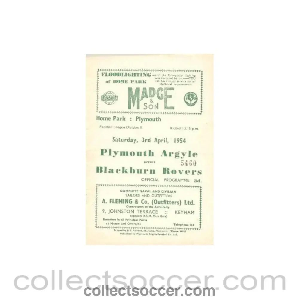 1954 - Plymouth Argile v Blackburn Rovers official programme 03/04/1954 - Collect Soccer