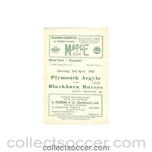 1954 - Plymouth Argile v Blackburn Rovers official programme 03/04/1954 - Collect Soccer