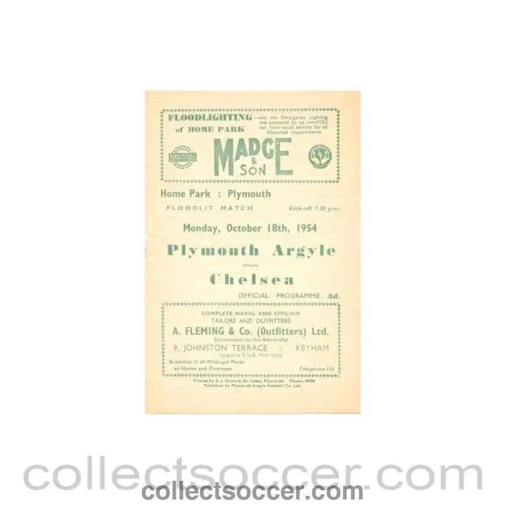 1954 - Plymouth Argyle vChelsea official programme 18/10/1954 - Collect Soccer