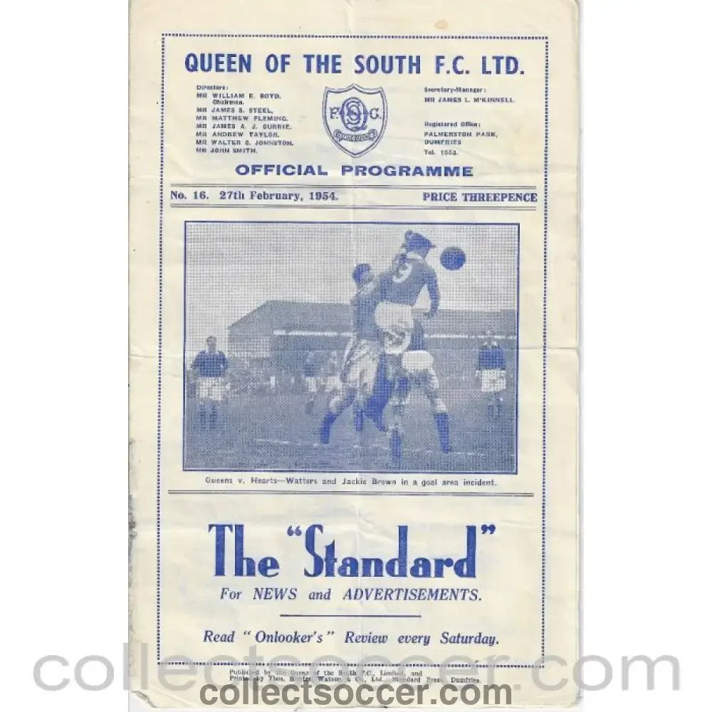 1954 - Queen of the South v Hearts 27/2/1954 programme - Collect Soccer