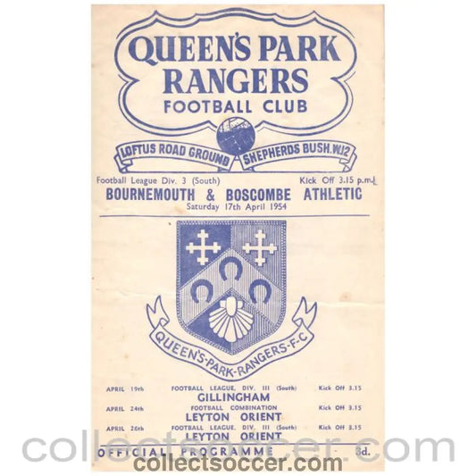 1954 Queens Park Rangers v Bournemouth Football Programme - Collect Soccer