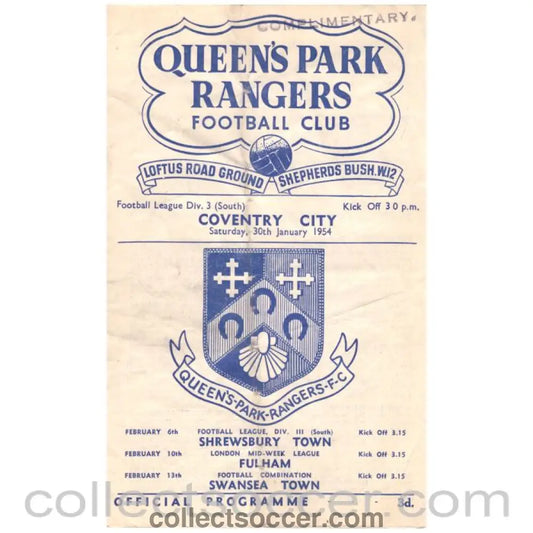 1954 Queens Park Rangers v Coventry City Football Programme - Collect Soccer