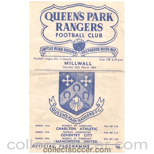 1954 Queens Park Rangers v Millwall Football Programme - Collect Soccer