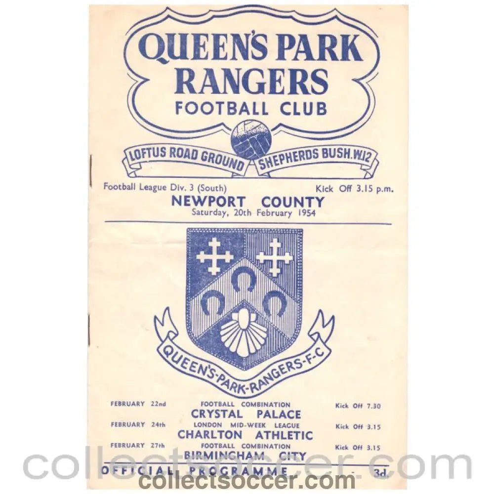 1954 Queens Park Rangers v Newport County Football Programme - Collect Soccer