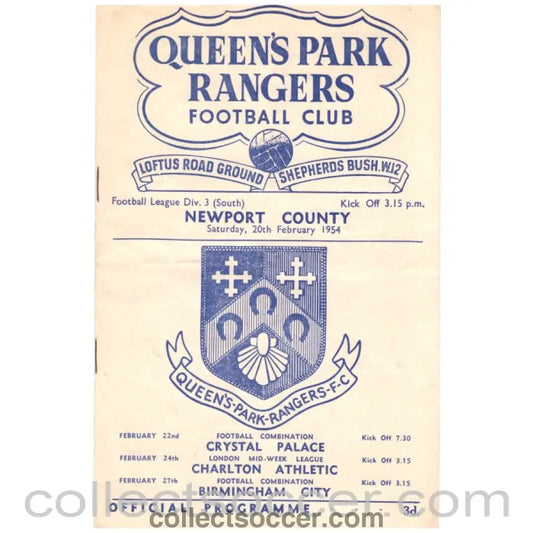 1954 Queens Park Rangers v Newport County Football Programme - Collect Soccer