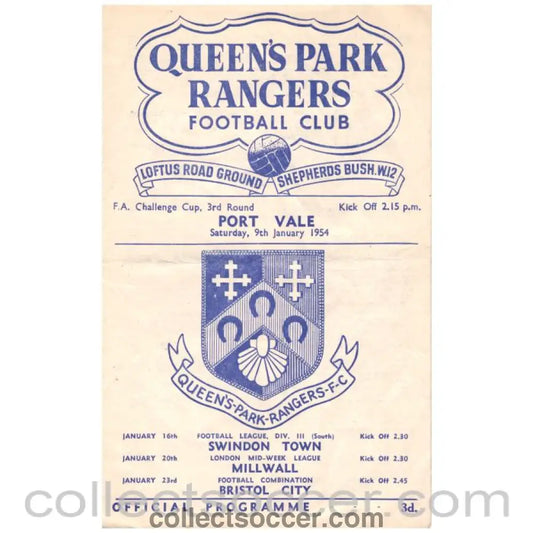 1954 Queens Park Rangers v Port Vale Football Programme - Collect Soccer