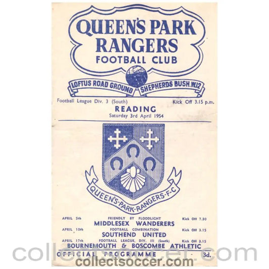 1954 Queens Park Rangers v Reading Football Programme - Collect Soccer
