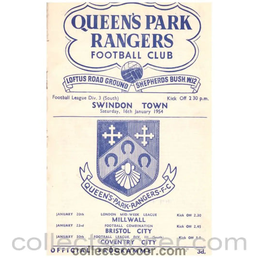 1954 Queens Park Rangers v Swindon Town Football Programme - Collect Soccer