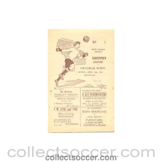 1954 - Sheppey United v Chatham Town official programme 12/04/1954 - Collect Soccer