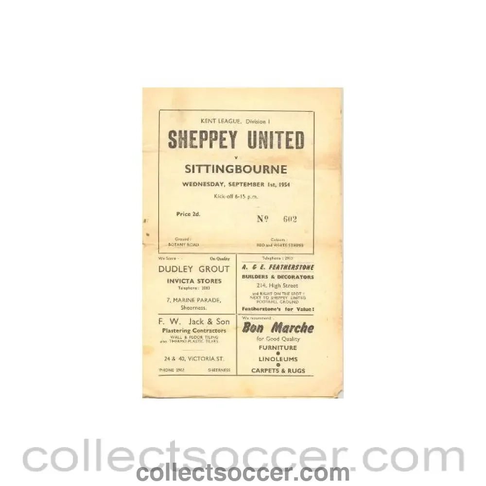 1954 - Sheppey United v Sittingbourne official programme 01/09/1954 - Collect Soccer