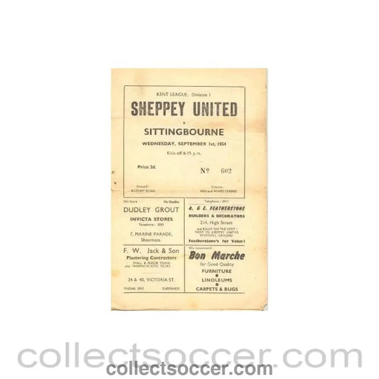 1954 - Sheppey United v Sittingbourne official programme 01/09/1954 - Collect Soccer