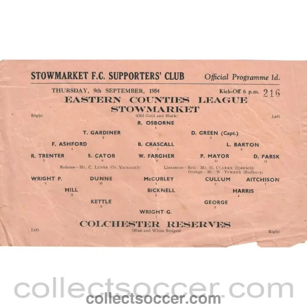 1954 - Stowmarket v Colchester United Reserves 9/9/1954 Programme - Collect Soccer