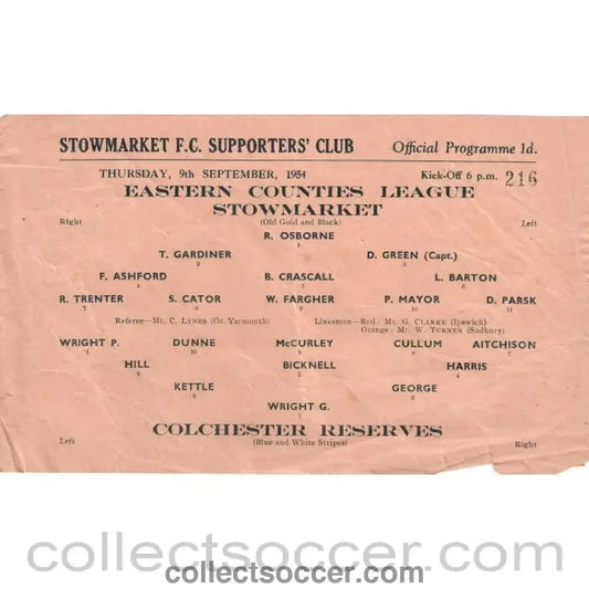 1954 - Stowmarket v Colchester United Reserves 9/9/1954 Programme - Collect Soccer