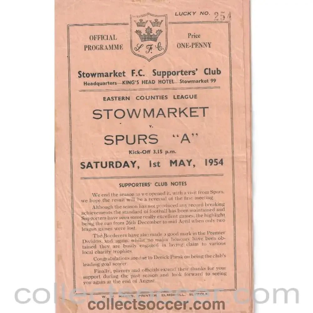 1954 - Stowmarket v Spurs A 1/5/1954 Programme - Collect Soccer