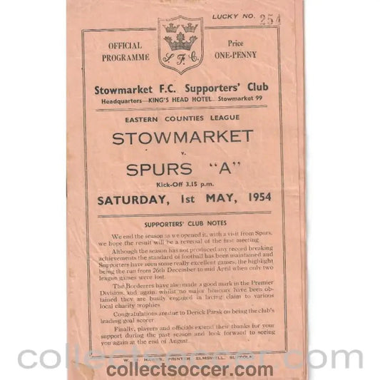 1954 - Stowmarket v Spurs A 1/5/1954 Programme - Collect Soccer