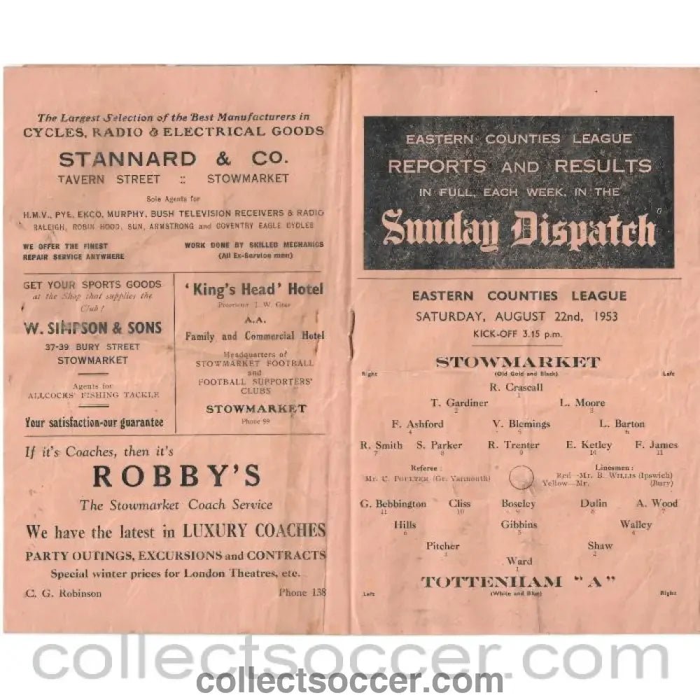 1954 - Stowmarket v Spurs A 1/5/1954 Programme - Collect Soccer