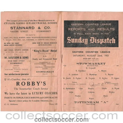 1954 - Stowmarket v Spurs A 1/5/1954 Programme - Collect Soccer