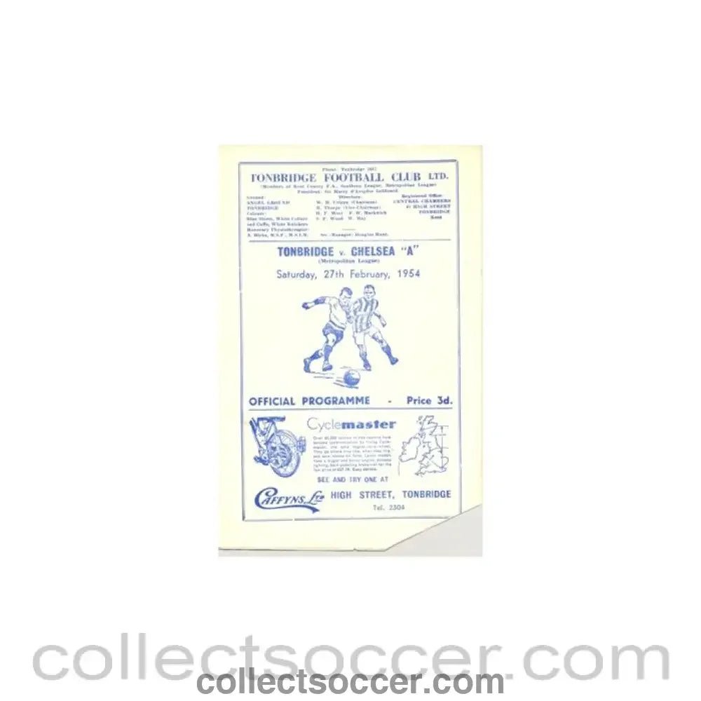 1954 - Tonbridge v Chelsea official programme 27/02/1954 - Collect Soccer