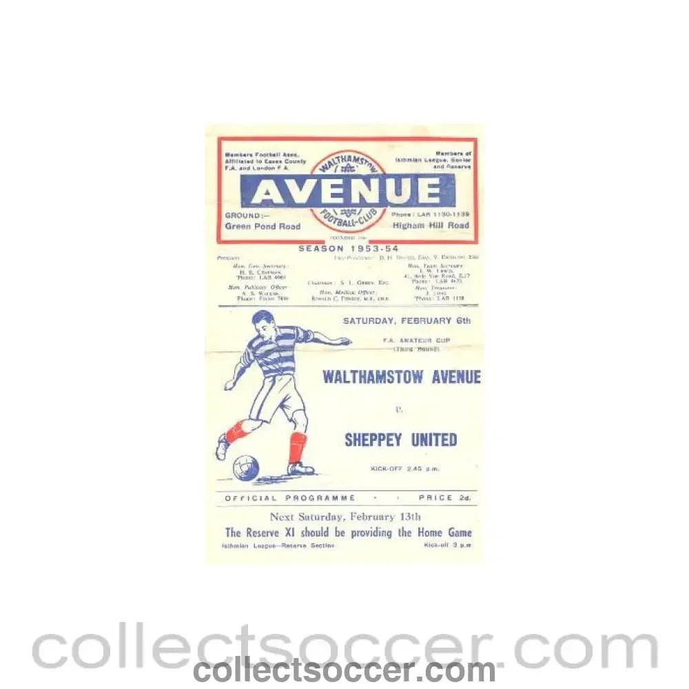 1954 - Walthamstow Avenue v Sheppey United official programme 06/02/1954 - Collect Soccer