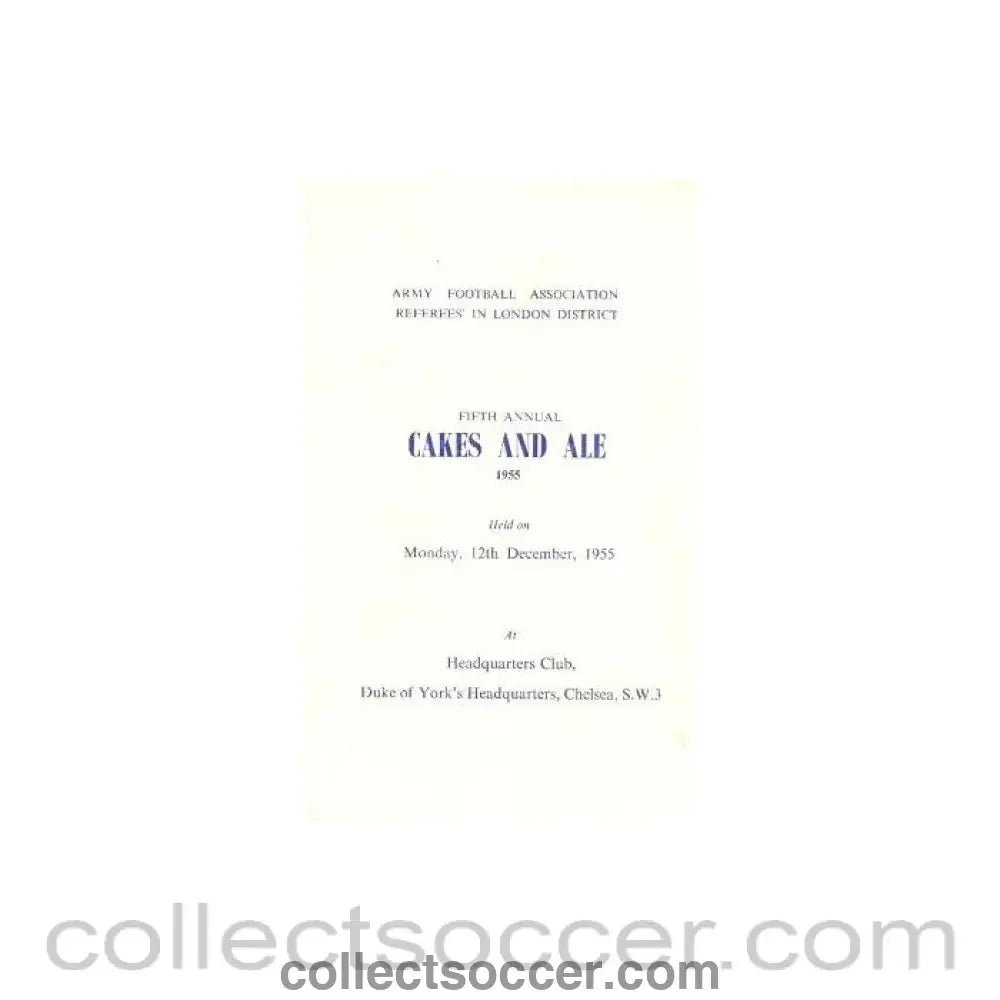 1955 - Army Football Association Fifth Annual Cakes and Ale 1955 menu - Collect Soccer