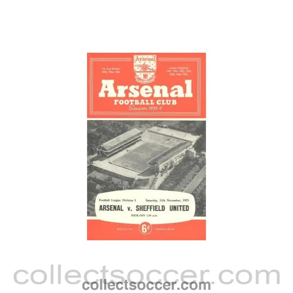 1955 - Arsenal v Sheffield United official programme 12/11/1955 - Collect Soccer