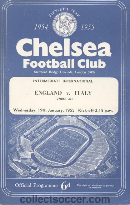 1955 - At Chelsea Under 23's England V Italy U23 programme 19/01/1955 - Collect Soccer