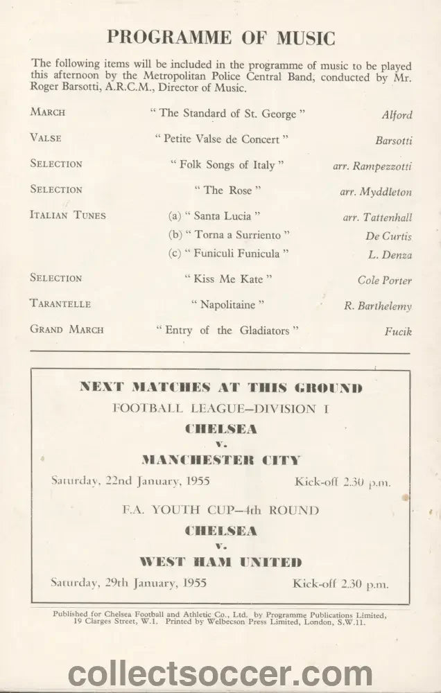 1955 - At Chelsea Under 23's England V Italy U23 programme 19/01/1955 - Collect Soccer