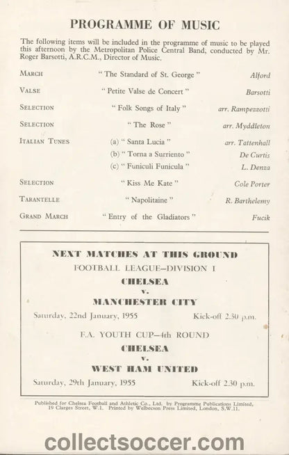 1955 - At Chelsea Under 23's England V Italy U23 programme 19/01/1955 - Collect Soccer