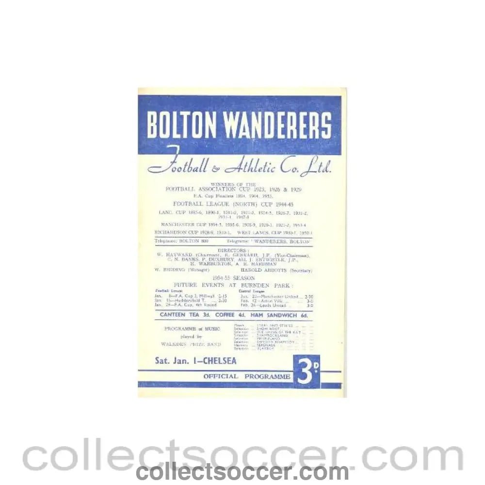 1955 - Bolton Wanderers vChelsea official programme 01/01/1955 - Collect Soccer