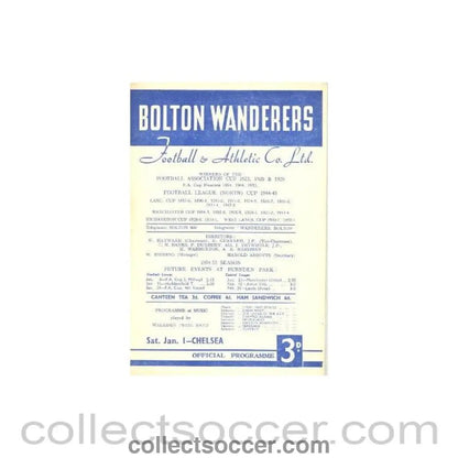 1955 - Bolton Wanderers vChelsea official programme 01/01/1955 - Collect Soccer