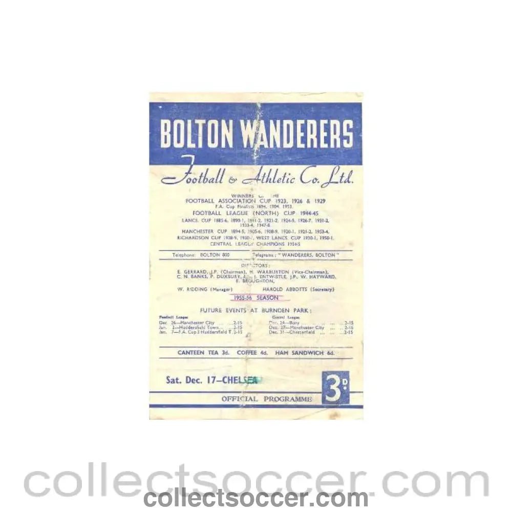 1955 - Bolton Wanderers vChelsea official programme 17/12/1955 - Collect Soccer