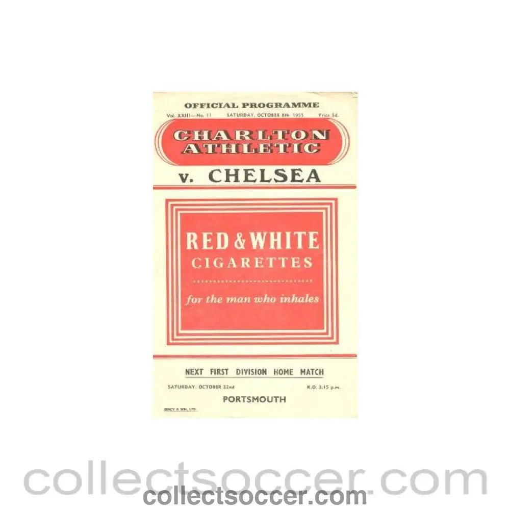 1955 - Charlton Athletic vChelsea official programme 08/10/1955 - Collect Soccer