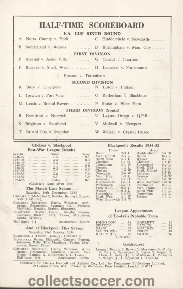 1955 Chelsea v Blackpool Programme Chelsea's First Ever Championship Season - Collect Soccer