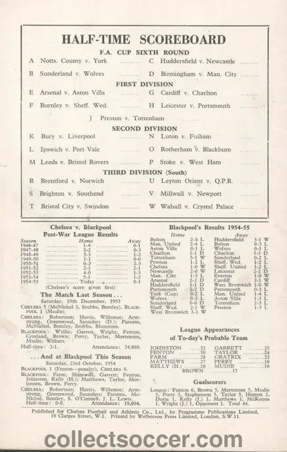 1955 Chelsea v Blackpool Programme Chelsea's First Ever Championship Season - Collect Soccer