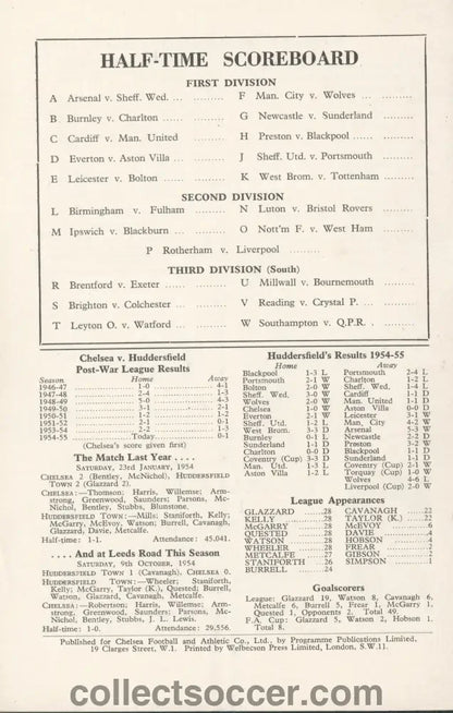 1955 - Chelsea v Huddersfield Town official programme 26/02/1955 Chelsea's First Ever Championship Season - Collect Soccer