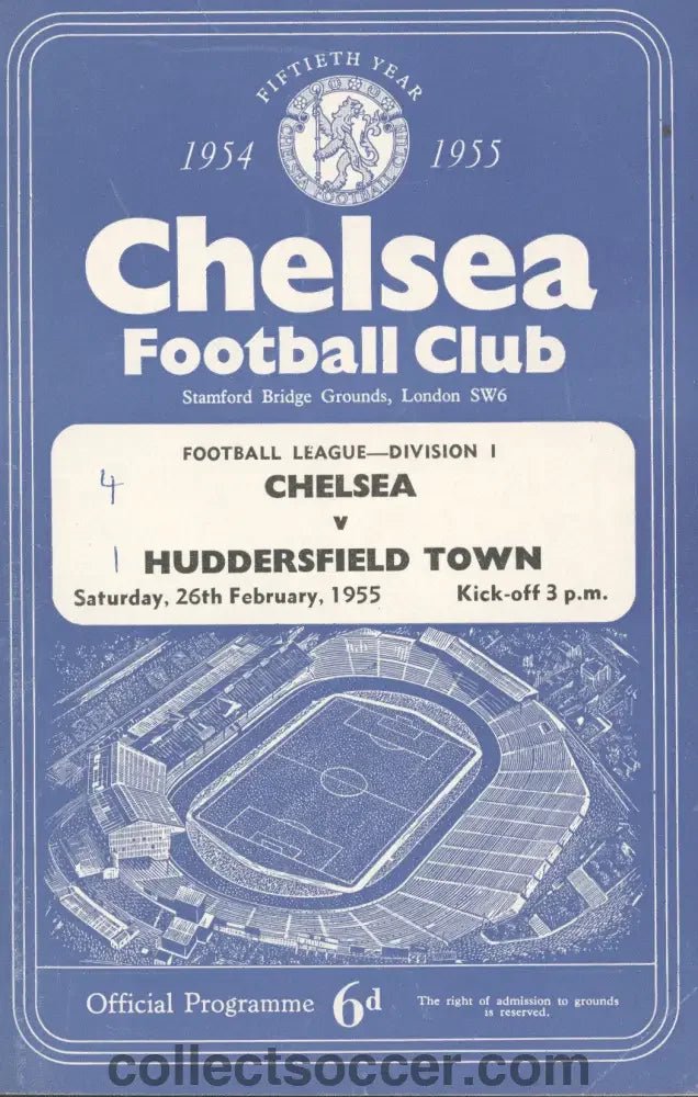 1955 - Chelsea v Huddersfield Town official programme 26/02/1955 Chelsea's First Ever Championship Season - Collect Soccer