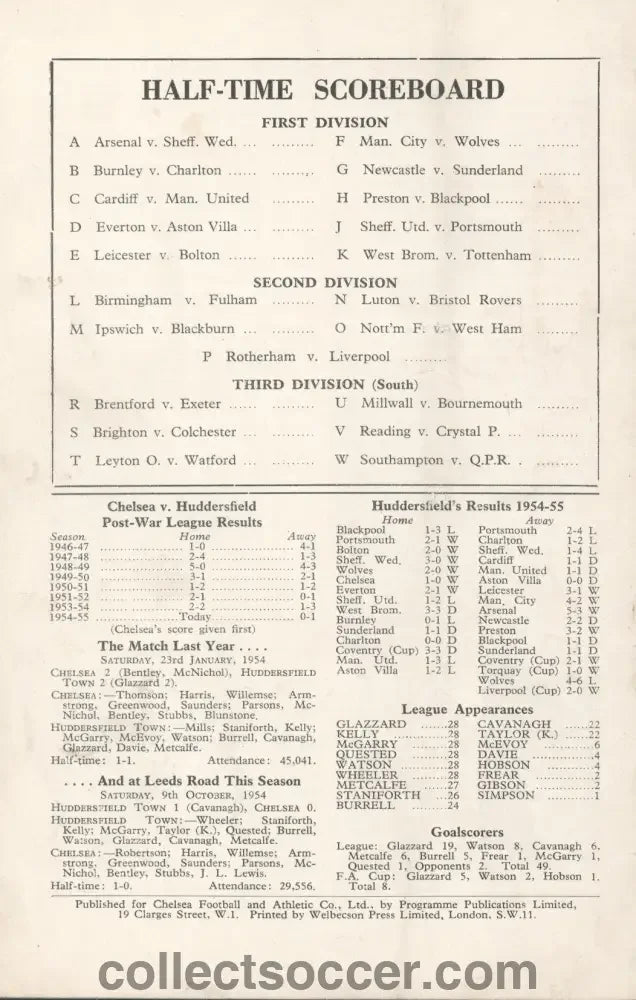 1955 Chelsea v Huddersfield Town Programme 26/2/1955 Chelsea's First Ever Championship Season - Collect Soccer