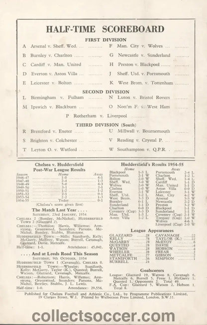 1955 Chelsea v Huddersfield Town Programme 26/2/1955 Chelsea's First Ever Championship Season - Collect Soccer