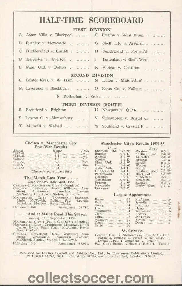 1955 - Chelsea v Manchester City Programme 22/01/1955 Chelsea's First Ever Championship Season - Collect Soccer
