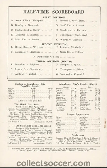 1955 - Chelsea v Manchester City Programme 22/01/1955 Chelsea's First Ever Championship Season - Collect Soccer