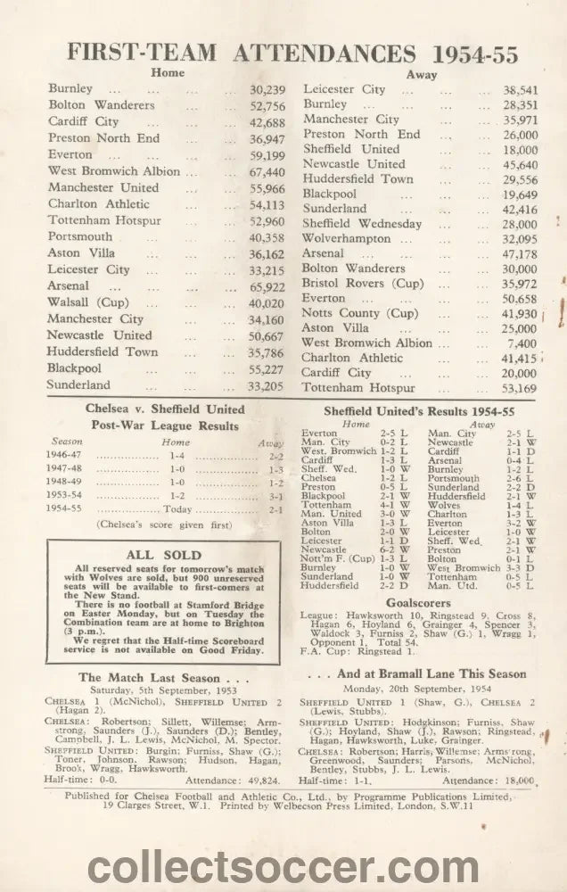 1955 - Chelsea v Sheffield United official programme 08/04/1955 - Chelsea's First Ever Championship Season - Collect Soccer