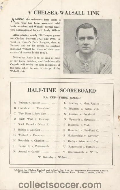 1955 - Chelsea v Walsall FA Cup 3rd Round 8/1/1955 Football Programme - Chelsea's first Championship Season - Collect Soccer