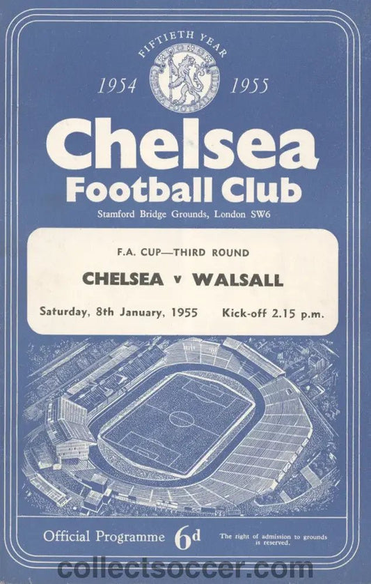 1955 - Chelsea v Walsall FA Cup 3rd Round 8/1/1955 Football Programme - Chelsea's first Championship Season - Collect Soccer
