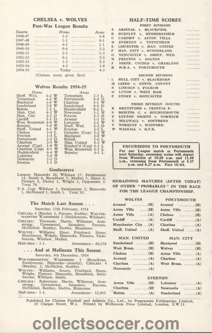 1955 Chelsea v Wolverhampton Wanderers Programme - Chelsea's First Championship Season - Collect Soccer