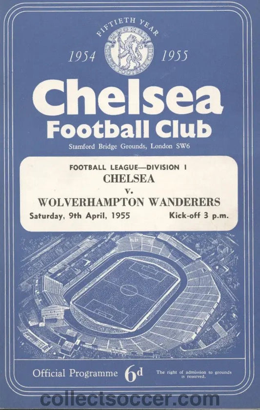 1955 Chelsea v Wolverhampton Wanderers Programme - Chelsea's First Championship Season - Collect Soccer