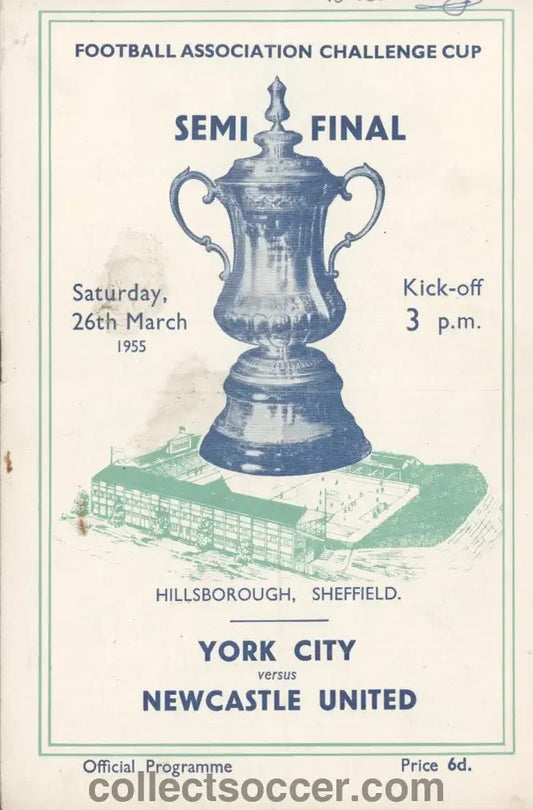1955 FA Cup Semi Final York City v Newcastle United Programme at Hillsborough - Collect Soccer