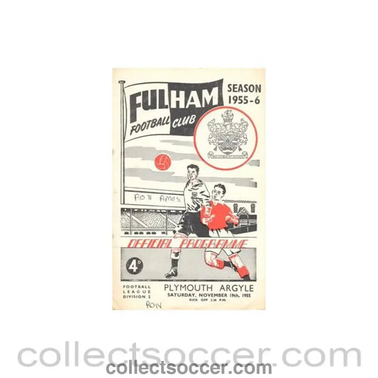 1955 - Fulham v Plymouth Argyle official programme 19/11/1955 Football League - Collect Soccer