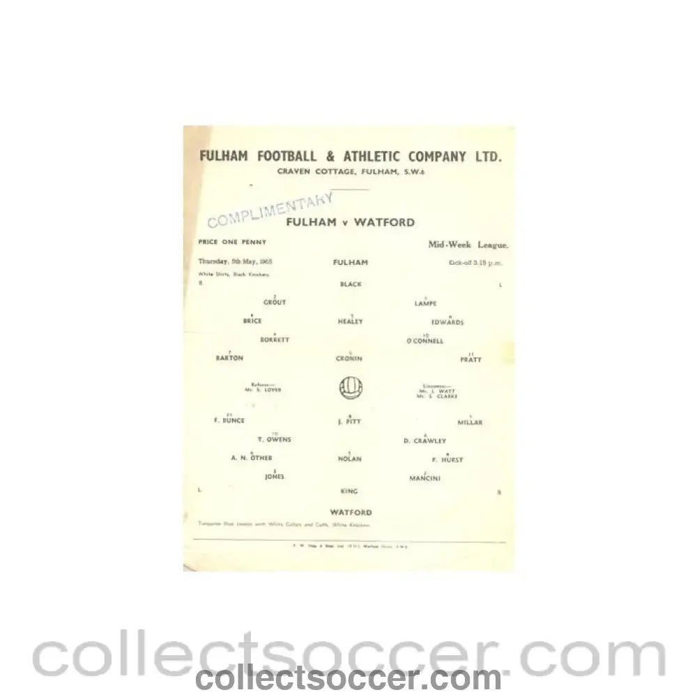 1955 - Fulham v Watford official programme 05/05/1955 Reserves - Collect Soccer