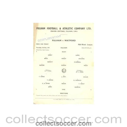 1955 - Fulham v Watford official programme 05/05/1955 Reserves - Collect Soccer